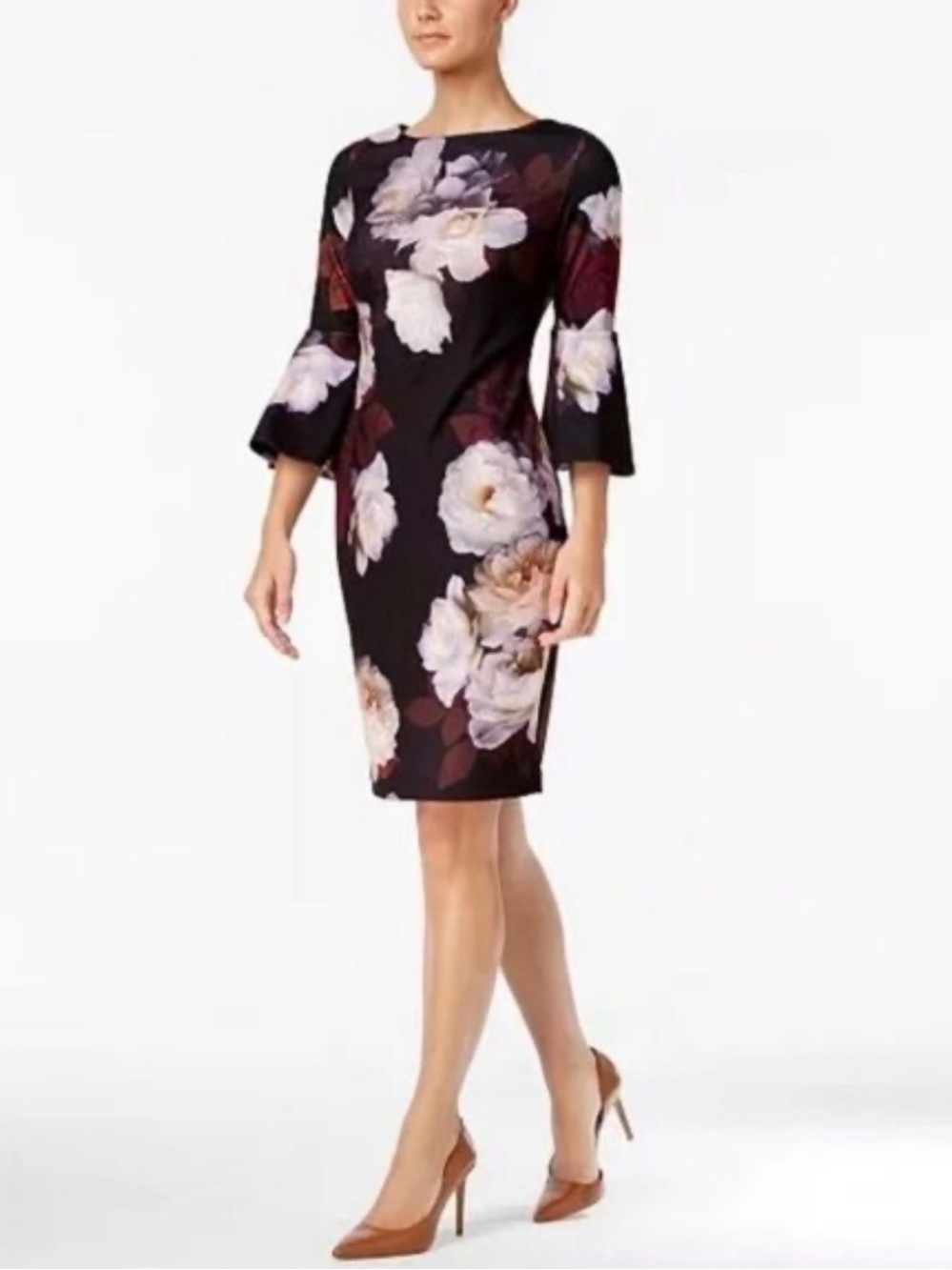 Calvin Klein Black Midi Dress with White and Blush Floral Print